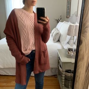 Mauve Oversized Knit Cardigan Sweater w Pockets M